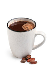 Wall Mural - Cup of hot chocolate                                                                           with cocoa beans on white background