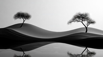 Wall Mural -   Three trees on a hill in a black-and-white photo with a water body in the foreground and a gray sky in the backdrop