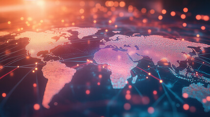 Interconnected world map highlighting global trade and economic ties, showcasing a global network of connectivity with data transfer, cyber technology, information exchange