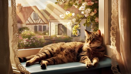 Wall Mural - House cat relaxing on windowsill