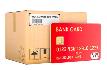 Poster - Parcel with credit card. Cashless payment for delivery, concept. 3D rendering isolated on transparent background