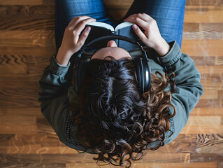 A person with headphones in, listening to an audiobook while standing in a room.