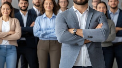 A businessman poses confidently with arms crossed, surrounded by colleagues in uniforms in a modern office environment