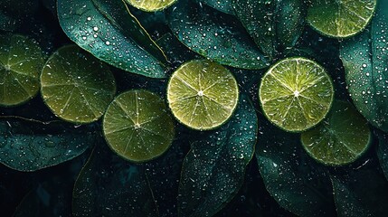 Sticker -   A cluster of limes perched atop verdant foliage, adorned with dew-kissed water droplets