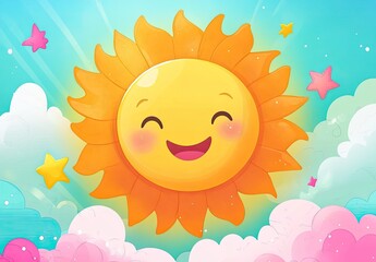 Wall Mural - Cartoon smiling sun on white background.