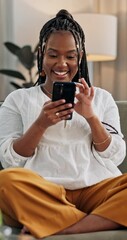 Poster - Woman, laughing or scroll on smartphone on sofa, happy for comedy subscription for funny in living room. Black person, cellphone or content on social media, technology or online post or meme in home