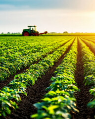 A vibrant green field with rows of crops, bathed in golden sunlight, featuring a tractor working diligently in the background.