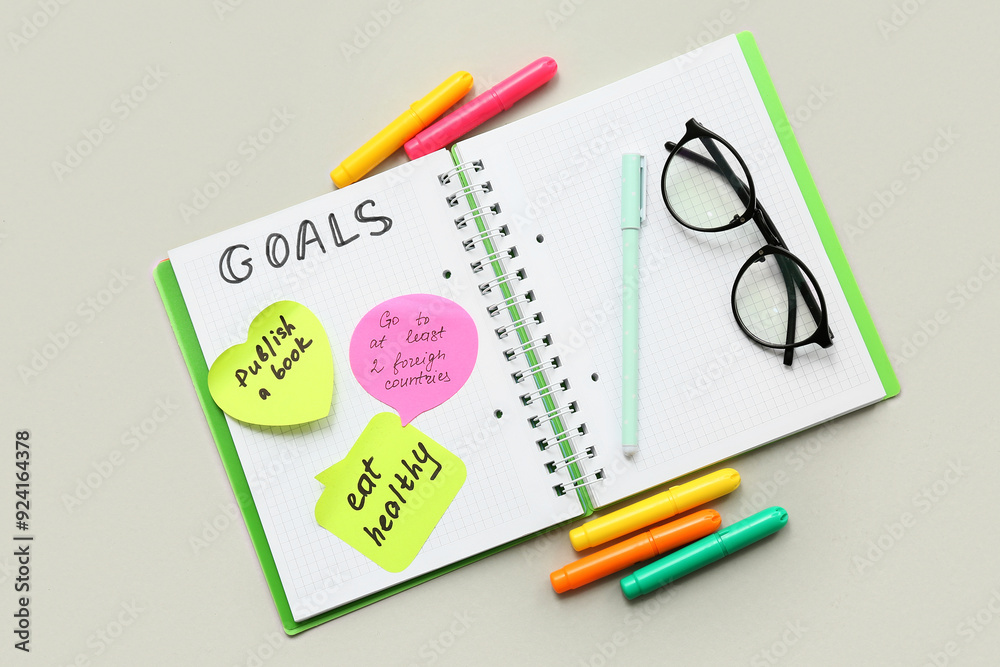 Notebook with to do plans, sticky notes and stationery on grey background. New year goals concept