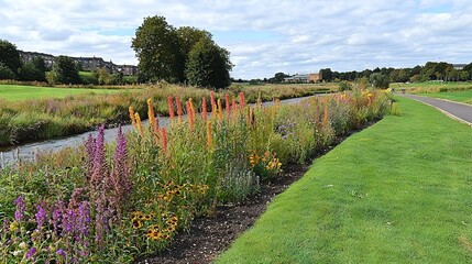   A river runs through two lush green fields adorned with purple and orange flowers