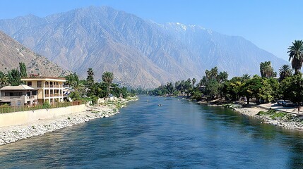 Wall Mural -   A palm tree-surrounded body of water with a mountain range backdrop and a house in the foreground