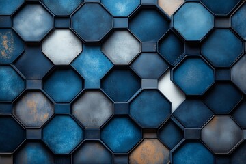 Poster - Textured hexagonal tiles in various shades of blue creating a modern wall design