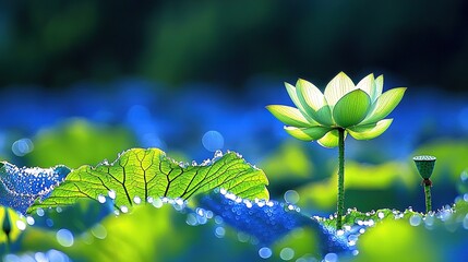 Poster -   A photo of a single blue-green flower surrounded by blue and green flora with water droplets on its petals