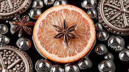 Poster -   A grapefruit split in two with a star anise placed on top, surrounded by additional grapefruits