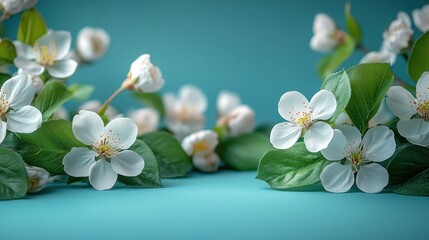 Sticker - Delicate White Blossoms on a Turquoise Background