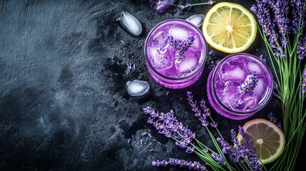 A bouquet of lavender flowers, two lavender lemonades, and a copy space black table