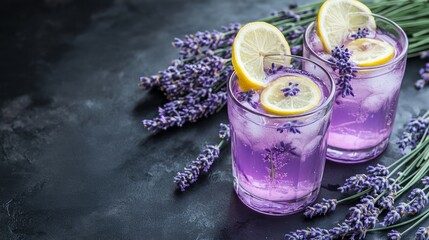 Wall Mural - A bouquet of lavender flowers, two lavender lemonades, and a copy space black table