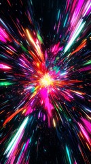 Poster - Bright colorful streaks of light exploding from a central point against a black background, perfect for any project needing a futuristic and abstract background