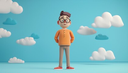 Poster - 3D Illustration of a Happy Cartoon Character in an Orange Shirt with Cloudy Sky Background