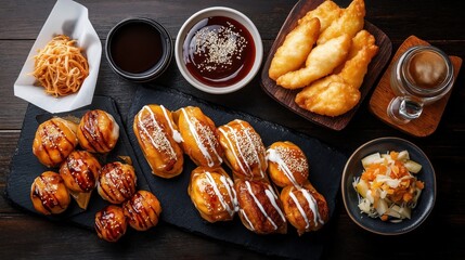 Wall Mural - Various Japanese street foods including takoyaki and taiyaki with dipping sauce.