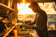 © VisualProduction - A marine biologist, a South Asian man in a wetsuit, analyzes water samples on a research vessel, bathed in the golden glow of the setting sun.