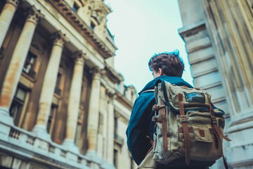 A student with a worn-out backpack leans against a historical landmark, taking a moment to capture the grandeur of the architecture in a phone photo.