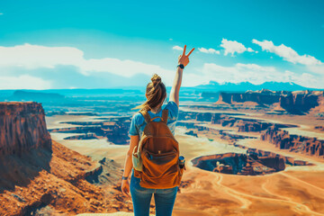 A young woman with a backpack stands at the edge of a vast desert landscape, raising a peace sign in the air, a symbol of peace amidst the vastness.