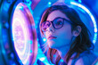 © VisualProduction - A young woman with glasses and a determined expression peers into a particle accelerator, exploring the fundamental building blocks of the universe.