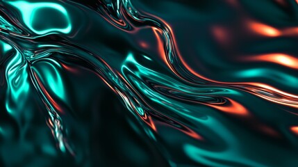 Poster - Abstract liquid background with metallic texture resembling mercury or silver, reflecting turquoise and orange light, creating a mesmerizing effect