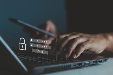 Aufkleber - Cyber security concept, user typing login and password, information security and encryption, secure access to user's personal information, data protection and secure internet access, cybersecurity.