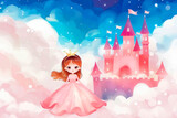 Cartoon princess in rosy dress with tiara, in front of a magical pink castle and fluffy clouds. Concept of fantasy and enchantment.