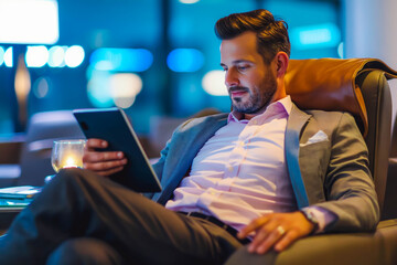 Entrepreneur Working on Digital Tablet in Airport Lounge