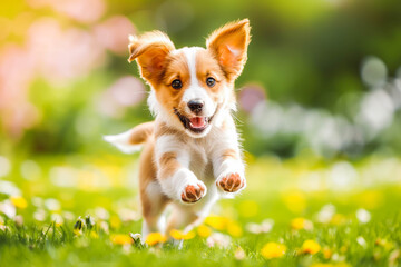 playful puppy in mid-action leaping towards camera, displaying joyful energy and innocence of young 