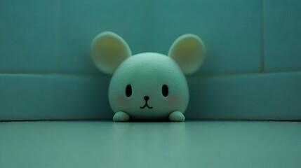 Poster -   A photo of a plush toy on a tiled surface with a blue backdrop and a lighter shade of blue in the background