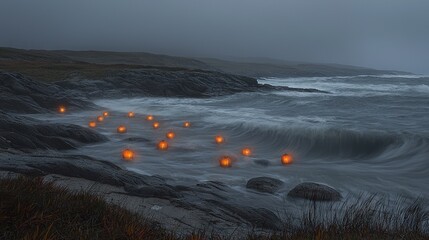 Wall Mural -   A cluster of orange lamps bobbing atop a water expanse near a rocky coast during a hazy day