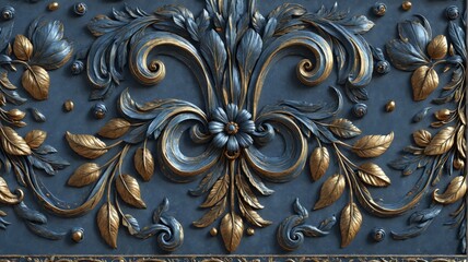 Wall Mural - Close-up ornate design dark blue background made up Ornate gold