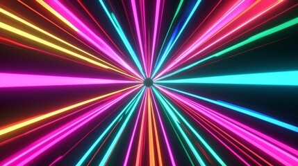 Poster - Colorful neon lights beams speeding in a tunnel effect with a black round hole background. Perfect for technology, music, futuristic, speed, science fiction and virtual reality related projects