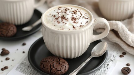  A black plate holds a cup of cappuccino with a spoon and spoon rest