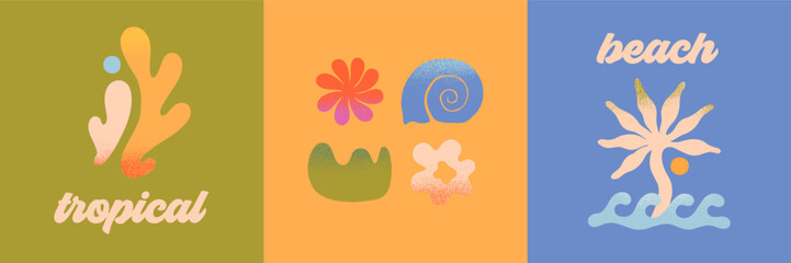 Wall Mural - vector abstract summer beach,surf club emblems.hand drawn seashell,coral,sun,ocean waves with palm.m
