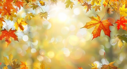 Sunlight shining onto colorful brown, orange and yellow autumn leaves in the forest. Beautiful, light seasonal fall background with blurred bokeh background effect.