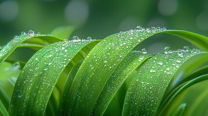 Wall Mural - a macro shot of a lush leaf with dew droplets on the blurred backdrop