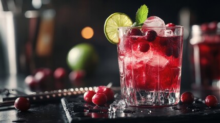 Wall Mural - vodka, cranberry juice, soda, lime, berries, ice, bar utensils, black background, selective focus, alcoholic drink raspberry aspirations