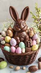 A festive basket brimming with chocolate eggs and a large bunny, adorned with delicate spring flowers