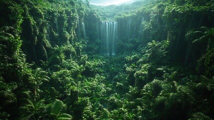 Poster -   A waterfall, lush green trees, and ferns fill the forest on a sunny day