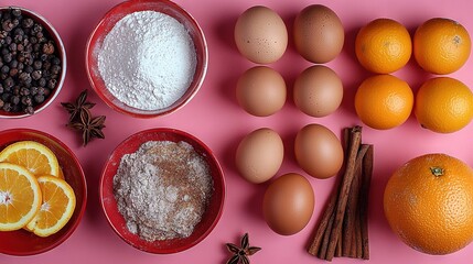 Wall Mural -  A pink table is topped with oranges, cinnamons, and an egg, among other ingredients, on a pink surface