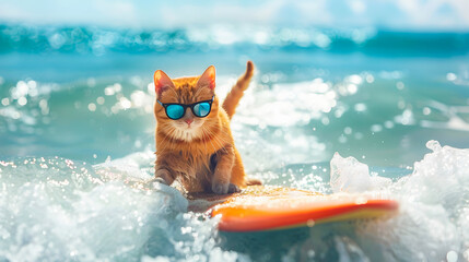 A curious and playful cat wearing sunglasses rides a surfboard gracefully along the cresting waves of a tropical ocean enjoying the carefree adventure and summer leisure on the vibrant coastal beach