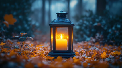 Wall Mural - Candle lantern in the ground with fallen autumn leaves. Blurred forest trees in the background.