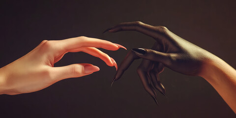 Female hand touching black hand of evil on simple background with copy space. Human touching evil