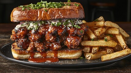 Wall Mural -   A macro shot of a meal featuring a sandwich on a bun and French fries on wood