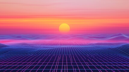 Retro 80s landscape emerges with neon grid lines under a colorful sunset sky, blending art and technology in a futuristic design