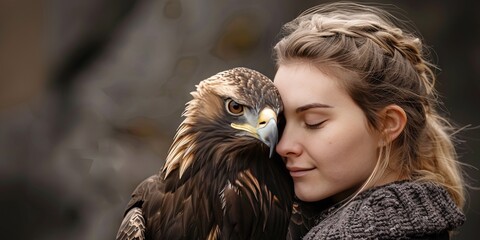 Poster - woman cuddling with pet eagle, copy space, solid background